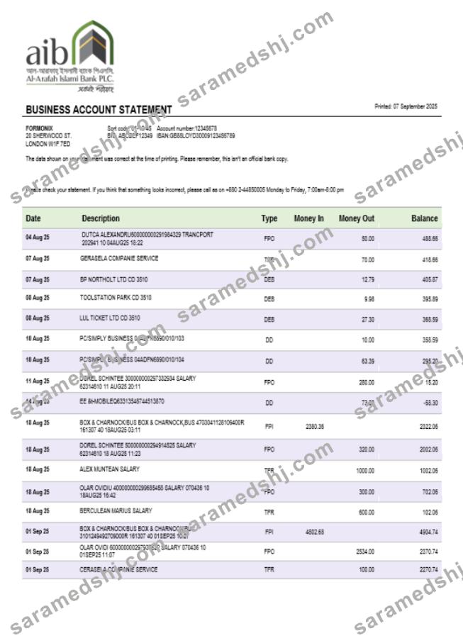 Al-Arafah Islami Bank business account statement Word and PDF template